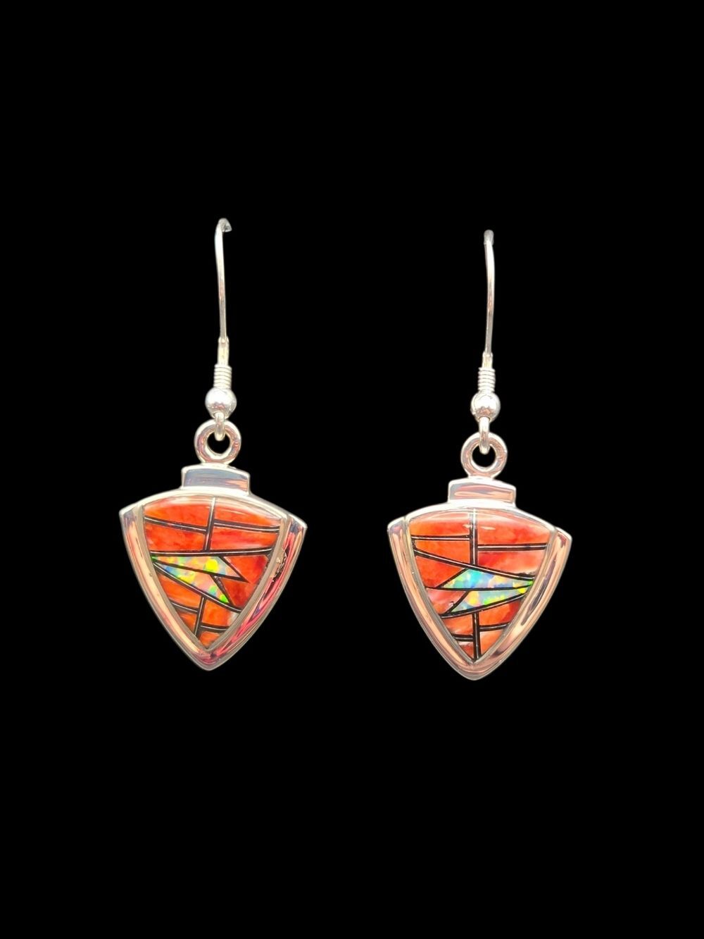 Sterling Silver Zuni-Style Spiny Oyster & Opal Shield Earrings